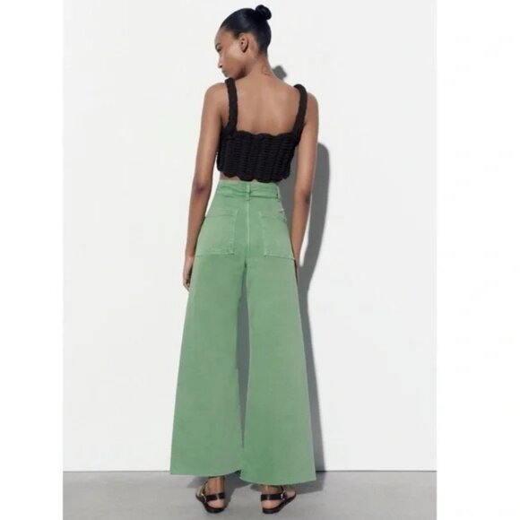 Zara HIGH-WAISTED ZW SAILOR MARINE STRAIGHT JEANS Wide Leg Kelly Green Size 6 - Picture 2 of 7